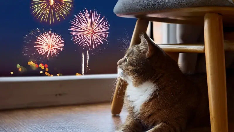 Cat watching fireworks from inside