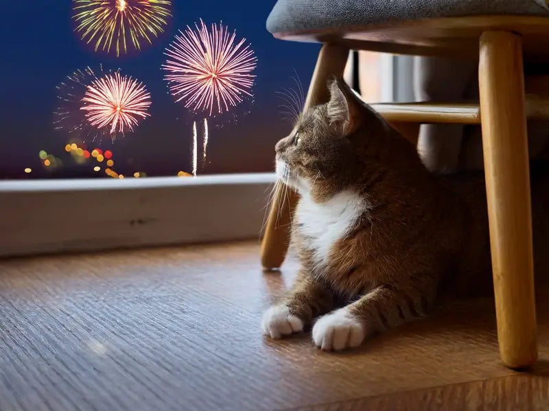 Cat watching fireworks from inside